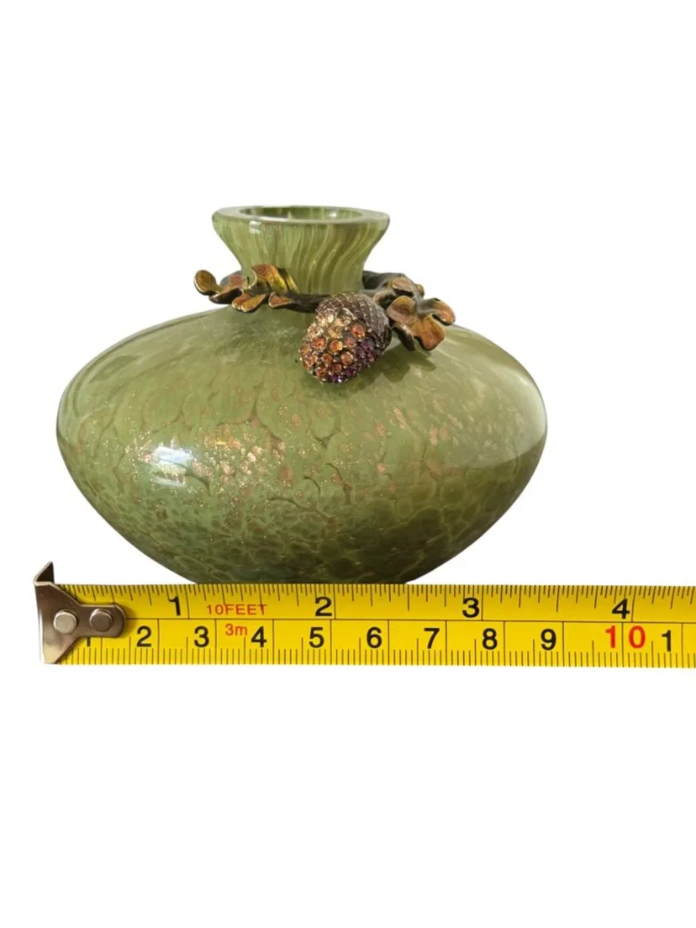 Vintage Jay Strongwater Swarovski Enamel Hand Blown Green/Gold Glass Acorn Vase